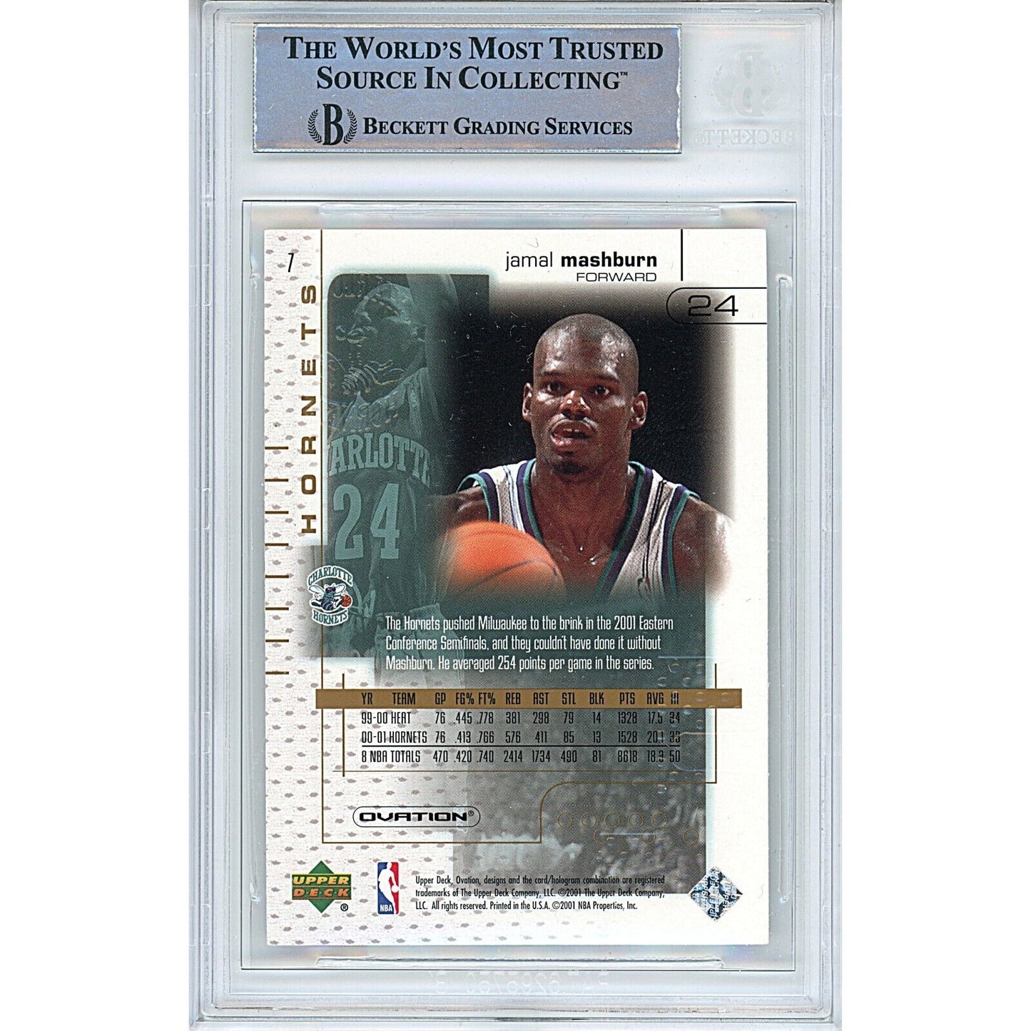 Basketballs- Autographed- Jamal Mashburn Charlotte Hornets Signed 2001-02 Upper Deck Ovation Basketball Card Beckett Authentic Auto Slab Back