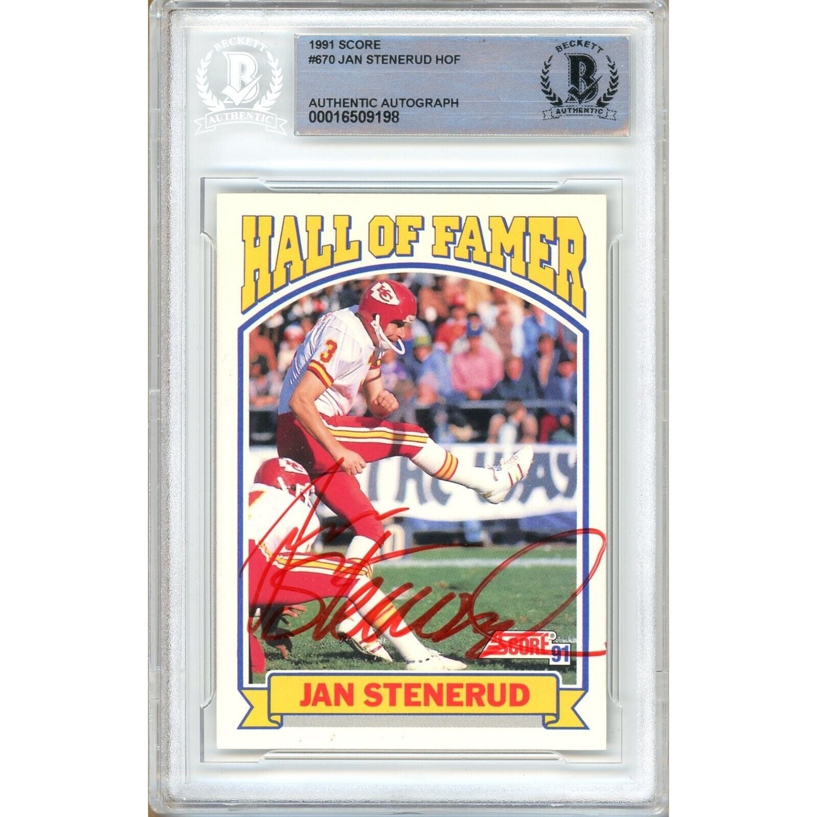 Footballs- Autographed- Jan Stenerud Kansas City Chiefs Signed 1991 Score Football Card Beckett Authentic Auto Slab Front