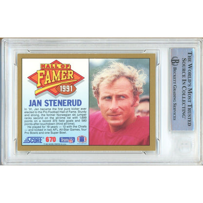 Footballs- Autographed- Jan Stenerud Kansas City Chiefs Signed 1991 Score Football Card Beckett Authentic Auto Slab Back