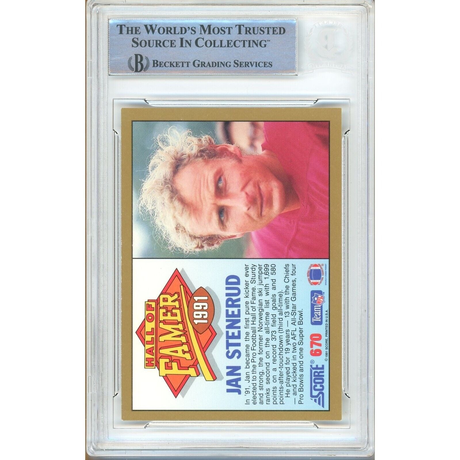 Footballs- Autographed- Jan Stenerud Kansas City Chiefs Signed 1991 Score Football Card Beckett Authenticated Auto Slab Back