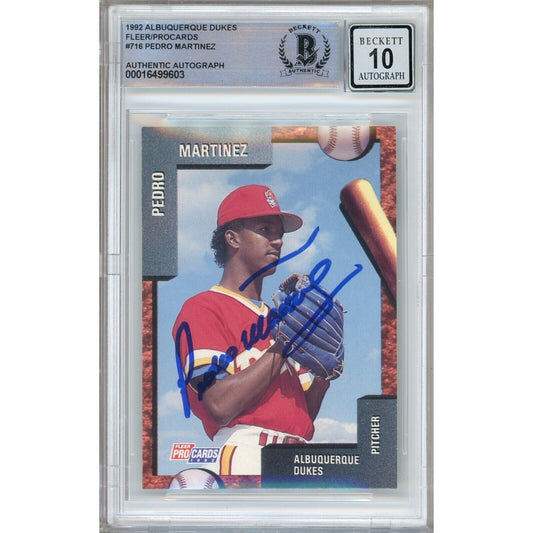 Baseballs- Autographed- Pedro Martinez Los Angeles Dodgers Signed 1992 Fleer Procards Baseball Rookie Card Beckett Authentic BGS Auto-10 Graded Slab Front