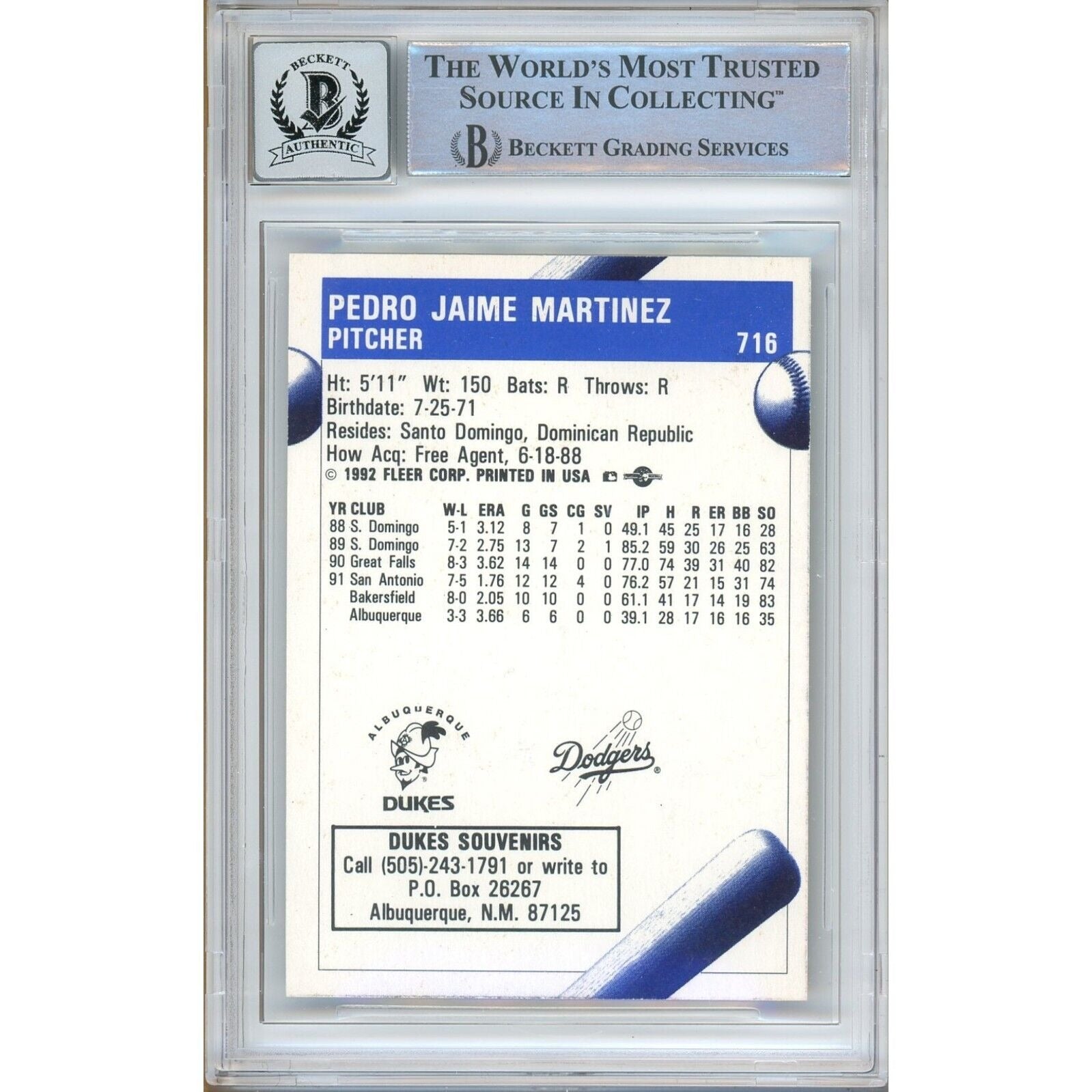 Baseballs- Autographed- Pedro Martinez Los Angeles Dodgers Signed 1992 Fleer Procards Baseball Rookie Card Beckett Authentic BGS Auto-10 Graded Slab Back