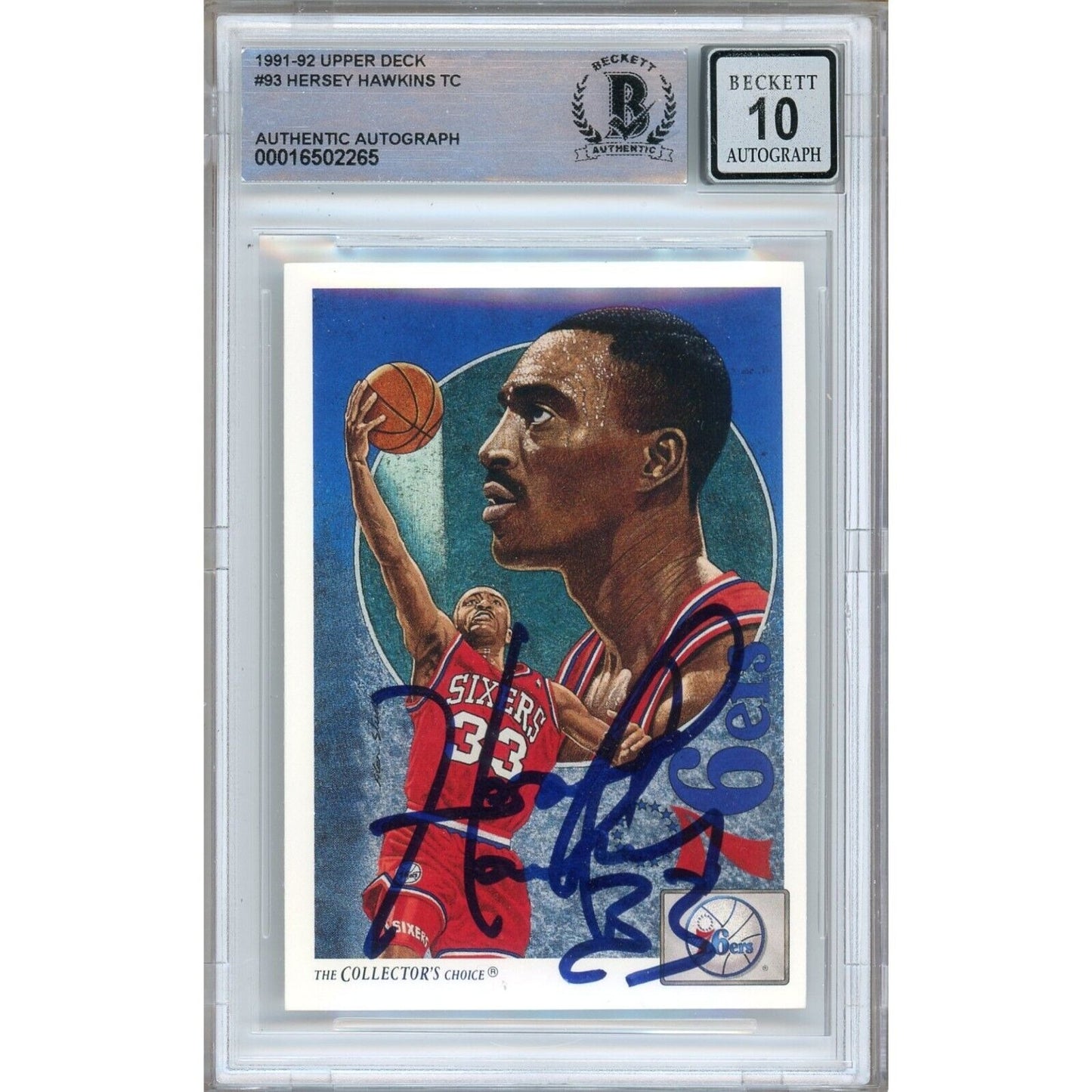 Basketballs- Autographed- Hersey Hawkins Philadelphia 76ers Signed 1991-92 Upper Deck Basketball Card Beckett Authentic BGS Auto-10 Graded Slab Front