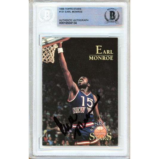 Basketballs- Autographed- Earl Monroe New York Knicks Signed 1996 Topps Stars Basketball Card Beckett Authentic Auto Slab Front