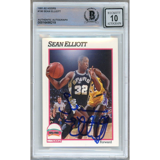 Basketballs- Autographed- Sean Elliott San Antonio Spurs Signed 1991-92 NBA Hoops Trading Card Beckett Authentic BGS Auto-10 Graded Slab Front