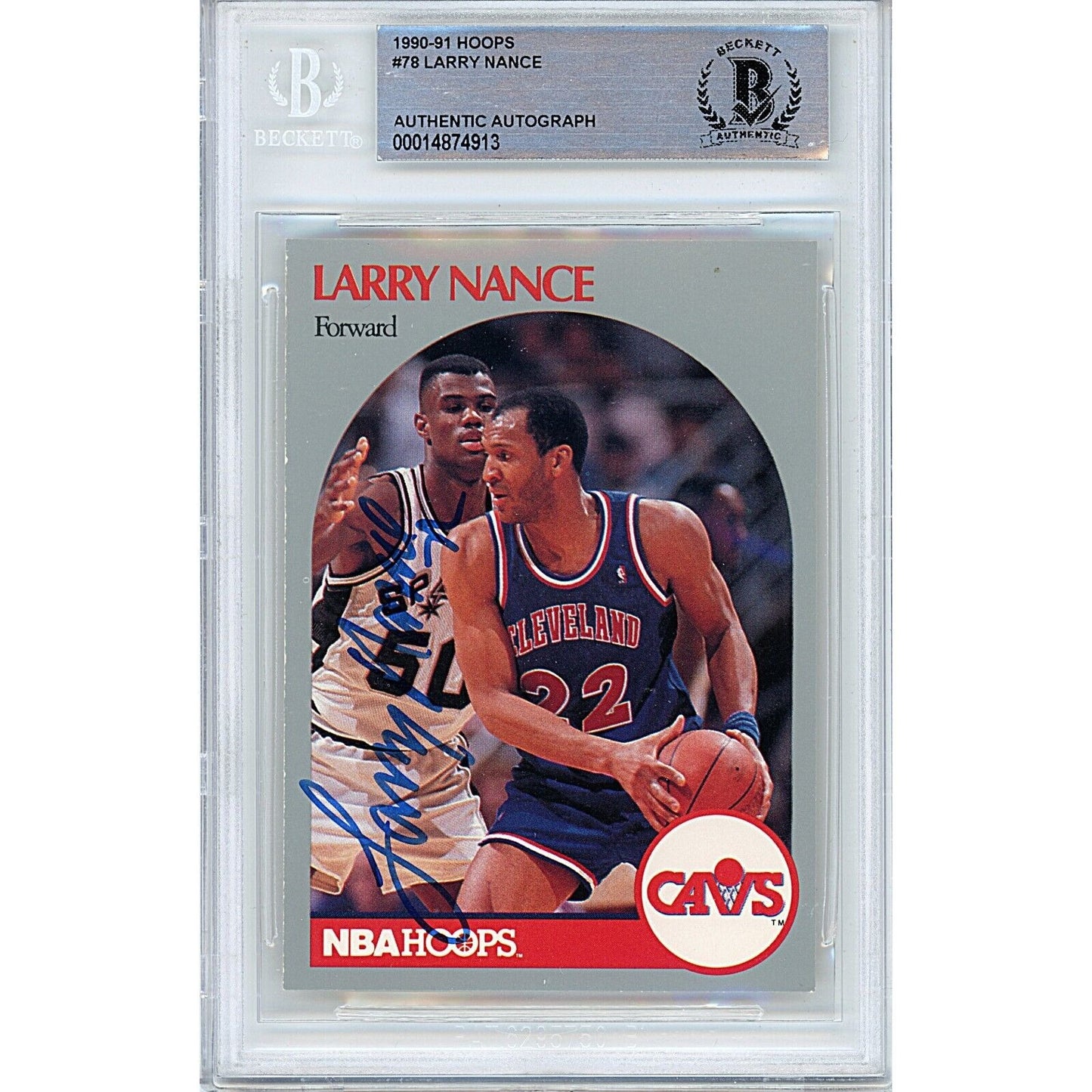 Basketballs- Autographed- Larry Nance Cleveland Cavaliers Signed 1990-91 NBA Hoops Basketball Card Beckett Authentic Auto Slab Front