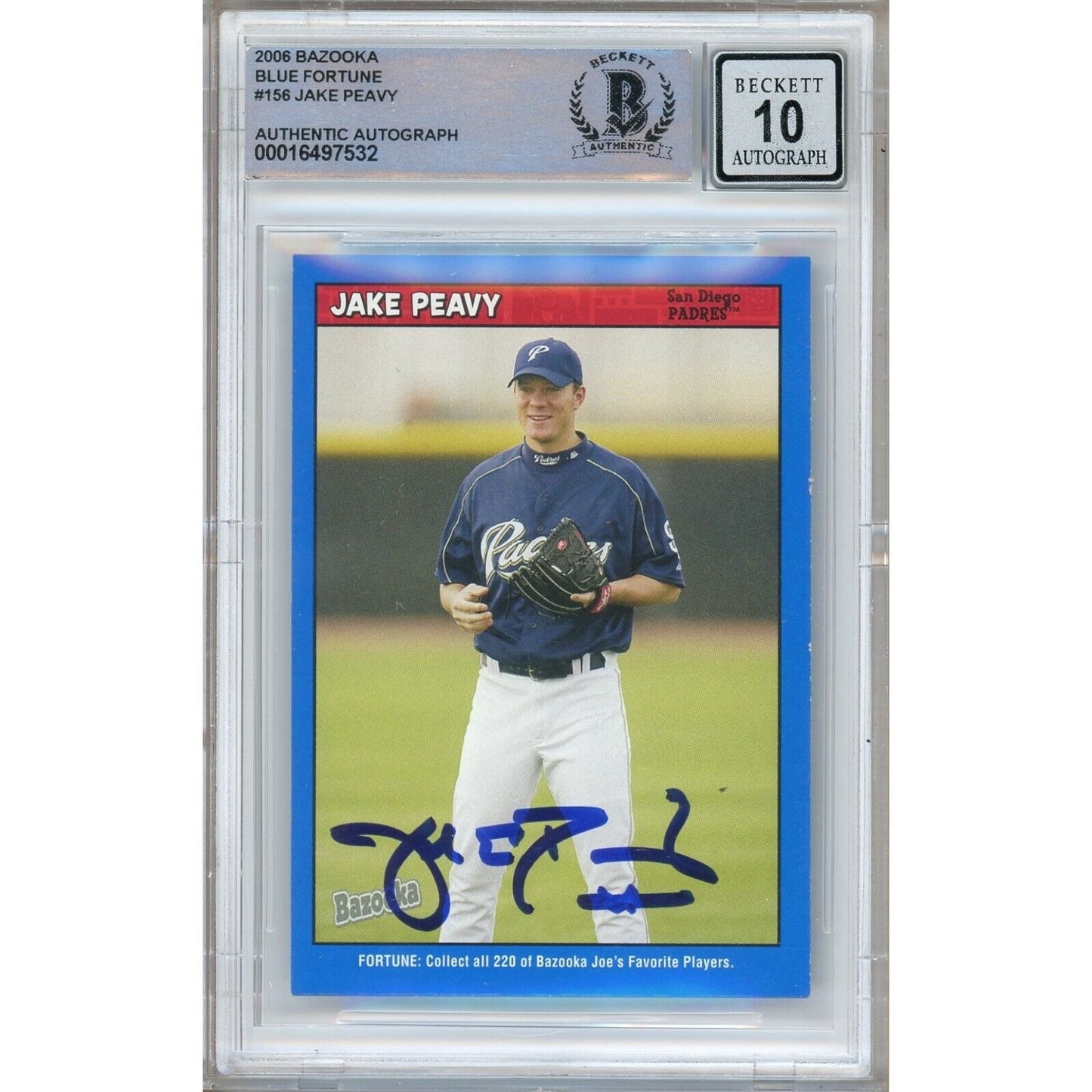 Baseballs- Autographed- Jake Peavy San Diego Padres Signed 2006 Topps Bazooka Blue Fortune Baseball Card Beckett Authentic BGS Auto-10 Graded Slab Front