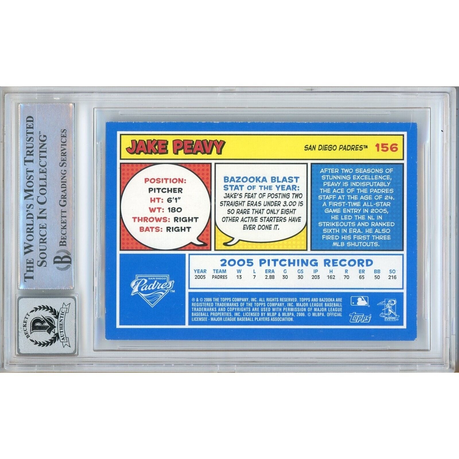 Baseballs- Autographed- Jake Peavy San Diego Padres Signed 2006 Topps Bazooka Blue Fortune Baseball Card Beckett Authentic BGS Auto-10 Graded Slab Back