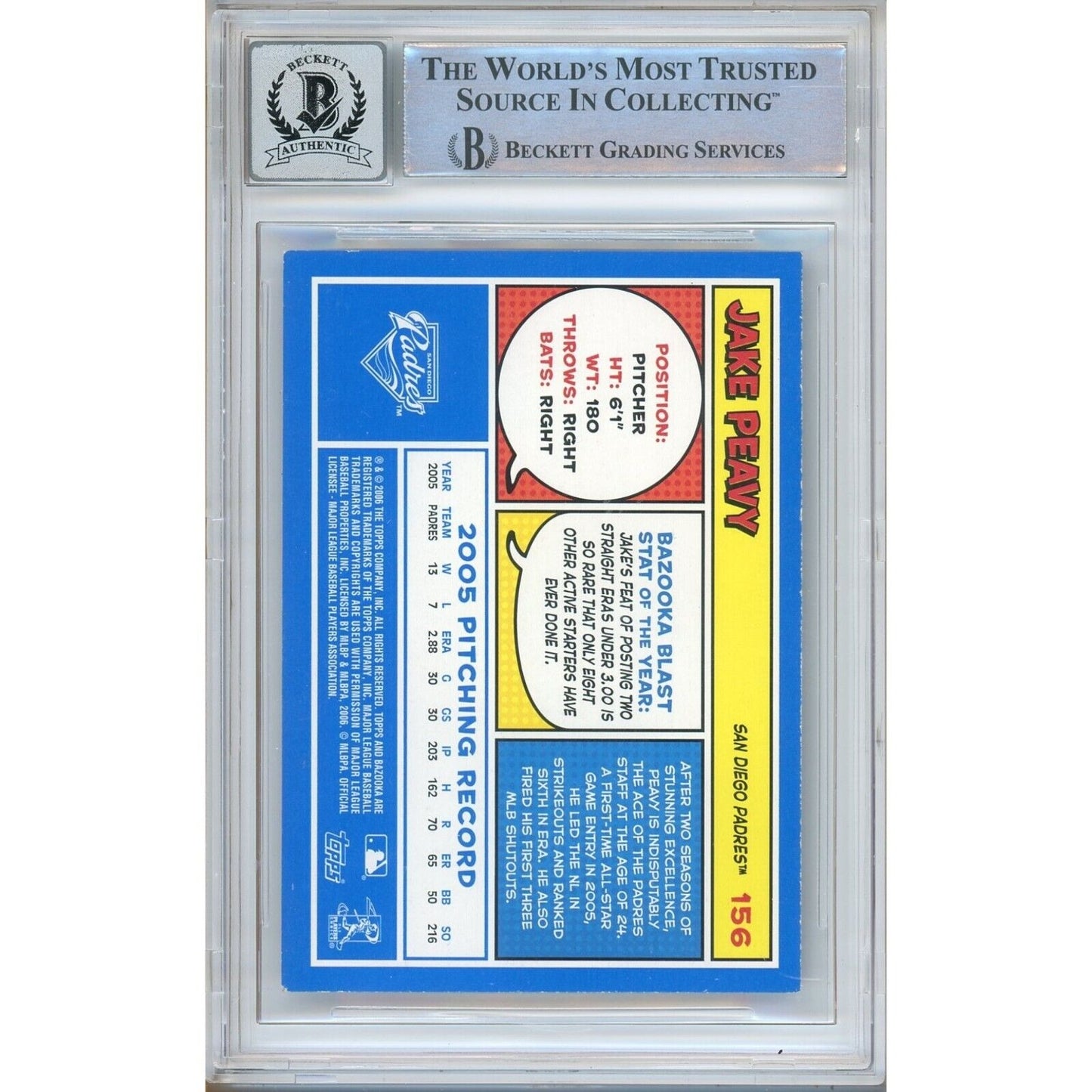 Baseballs- Autographed- Jake Peavy San Diego Padres Signed 2006 Topps Bazooka Blue Fortune Baseball Card Beckett Authenticated BGS Auto-10 Graded Slab Back