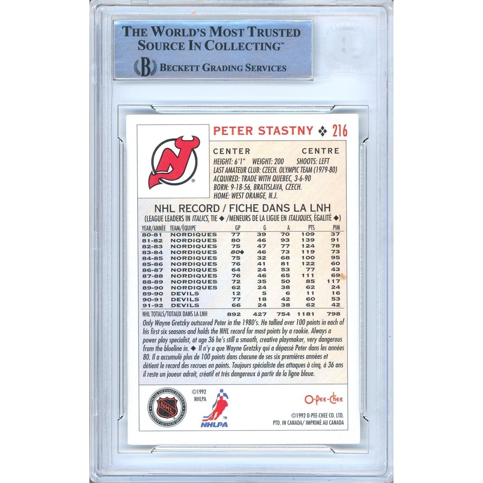 Hockey- Autographed- Peter Stastny New Jersey Devils Signed 1992-93 -Pee-Chee Hockey Card Beckett Authentic Auto Slab Back