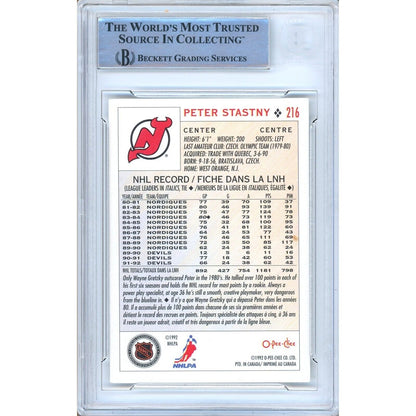 Hockey- Autographed- Peter Stastny New Jersey Devils Signed 1992-93 -Pee-Chee Hockey Card Beckett Authentic Auto Slab Back