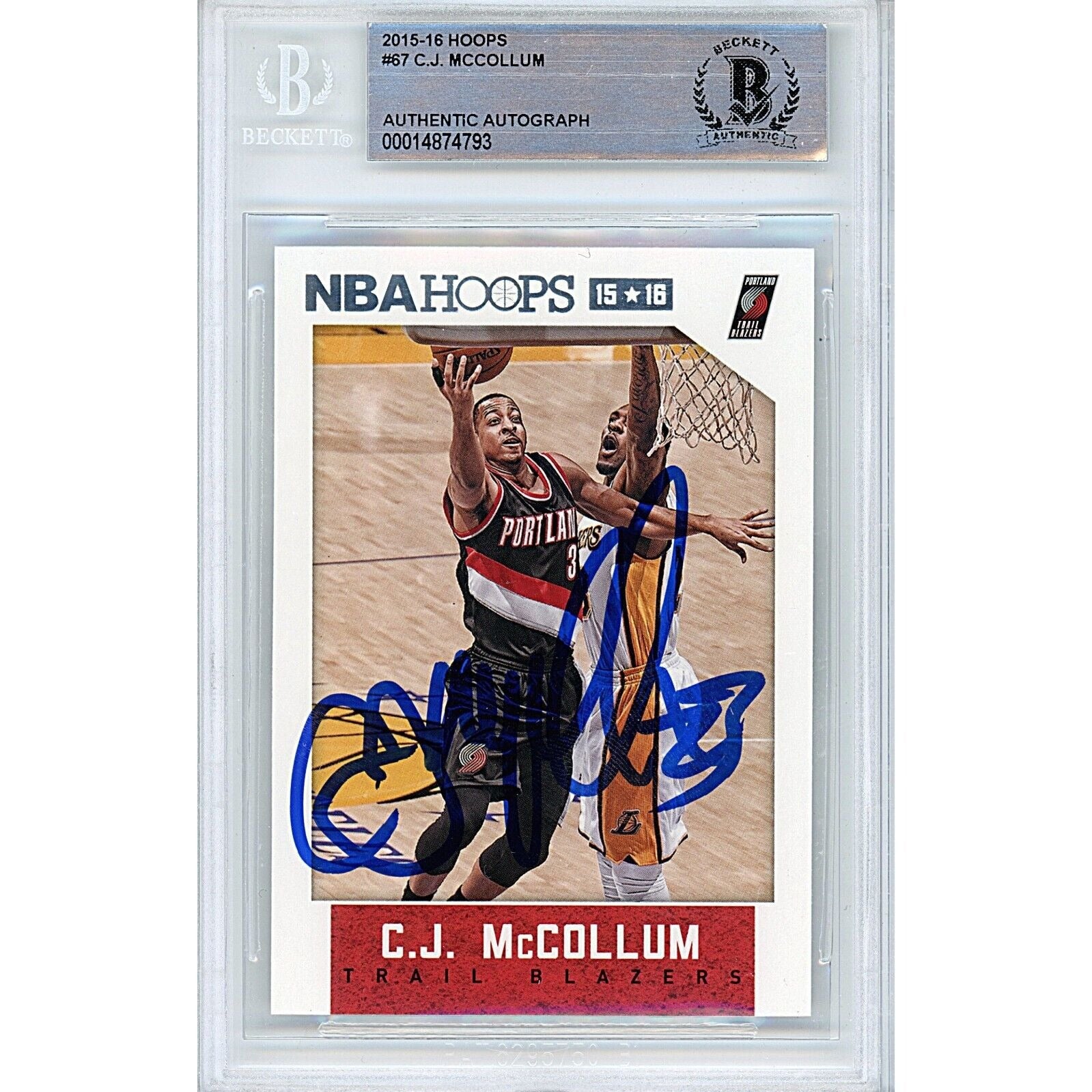 Basketballs- Autographed- CJ McCollum Portland Trail Blazers Signed 2015-16 NBA Hoops Basketball Card Beckett Authentic Auto Slab Front