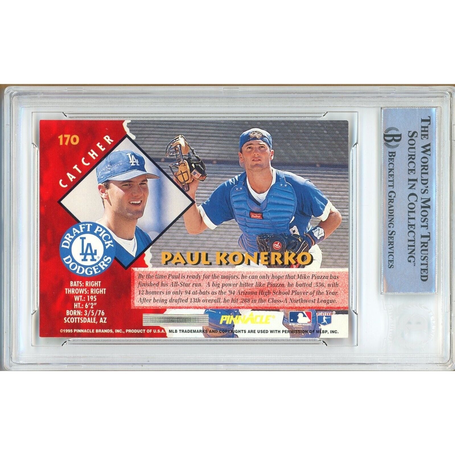 Baseballs- Autographed- Paul Konerko Los Angeles Dodgers Signed 1996 Pinnacle Rookie Baseball Card Beckett Authentic Auto Slab Back