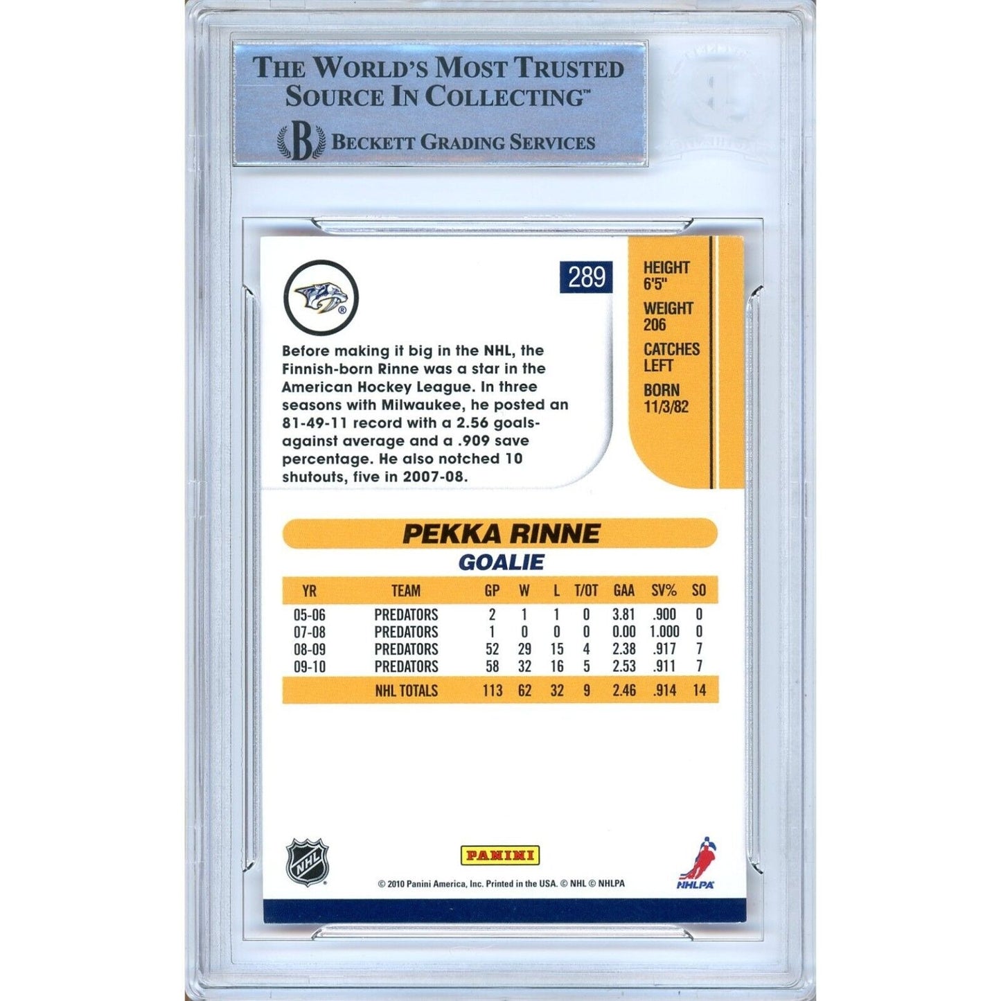 Hockey- Autographed- Pekka Rinne Nashville Predators Signed 2010-11 Score Hockey Card Beckett Authentic Auto Slab Back