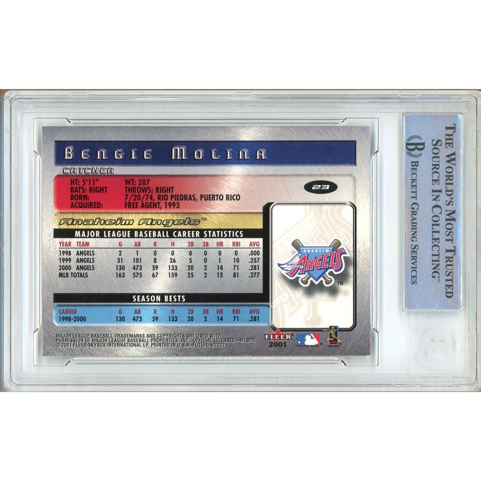 2001 Fleer #23 Bengie Molina LA Angels Signed Trading Card – Beckett BAS