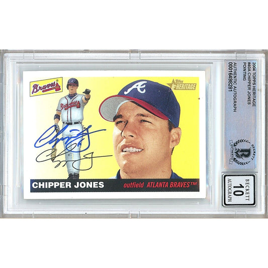 Baseballs- Autographed- Chipper Jones Atlanta Braves Signed 2004 Topps Heritage Baseball Card Beckett Authentic BGS Auto-10 Graded Slab Front