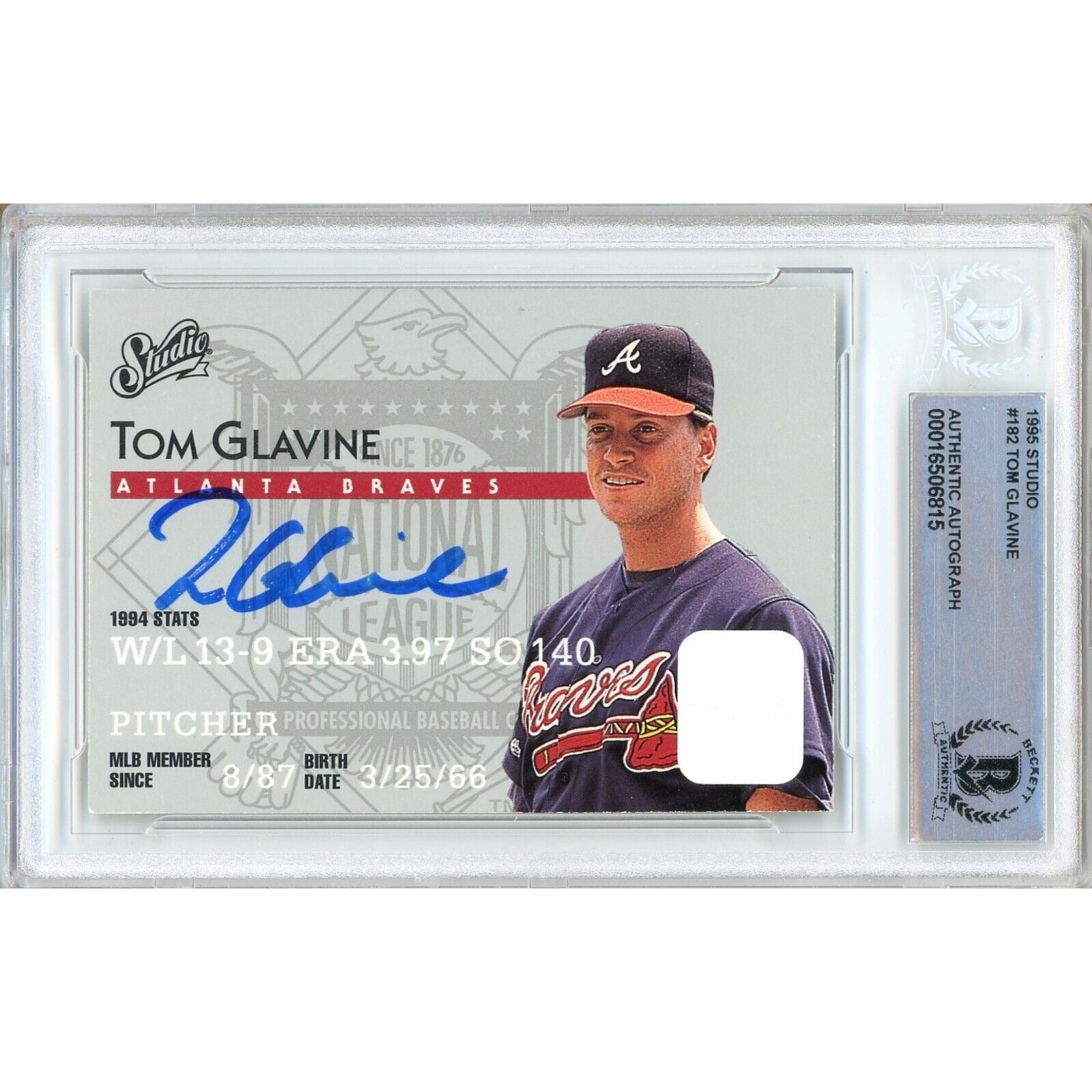 Baseballs- Autographed- Tom Glavine Atlanta Braves Signed 1995 Donruss Studio Trading Card Beckett Authentic Auto Slab Front