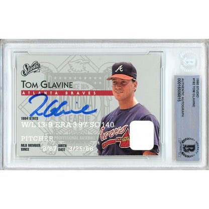 Baseballs- Autographed- Tom Glavine Atlanta Braves Signed 1995 Donruss Studio Trading Card Beckett Authentic Auto Slab Front