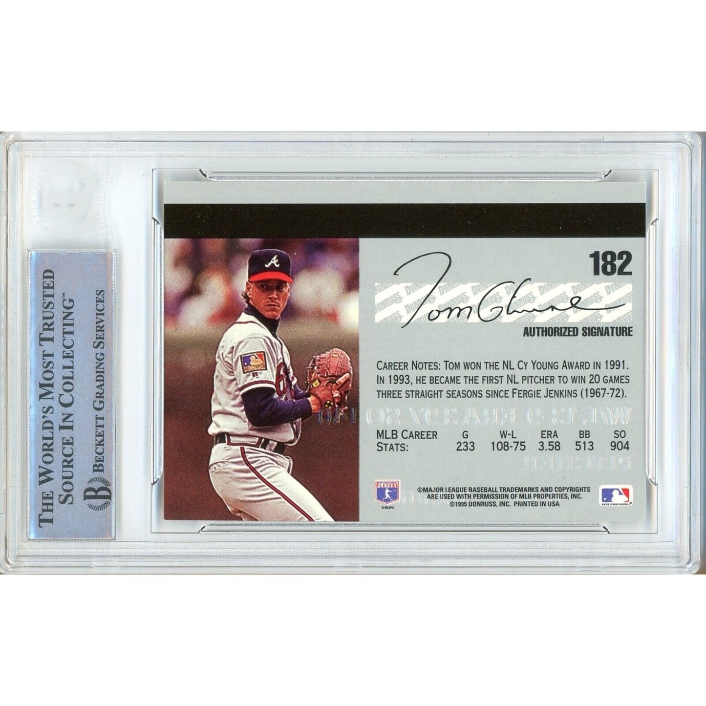 Baseballs- Autographed- Tom Glavine Atlanta Braves Signed 1995 Donruss Studio Trading Card Beckett Authentic Auto Slab Back