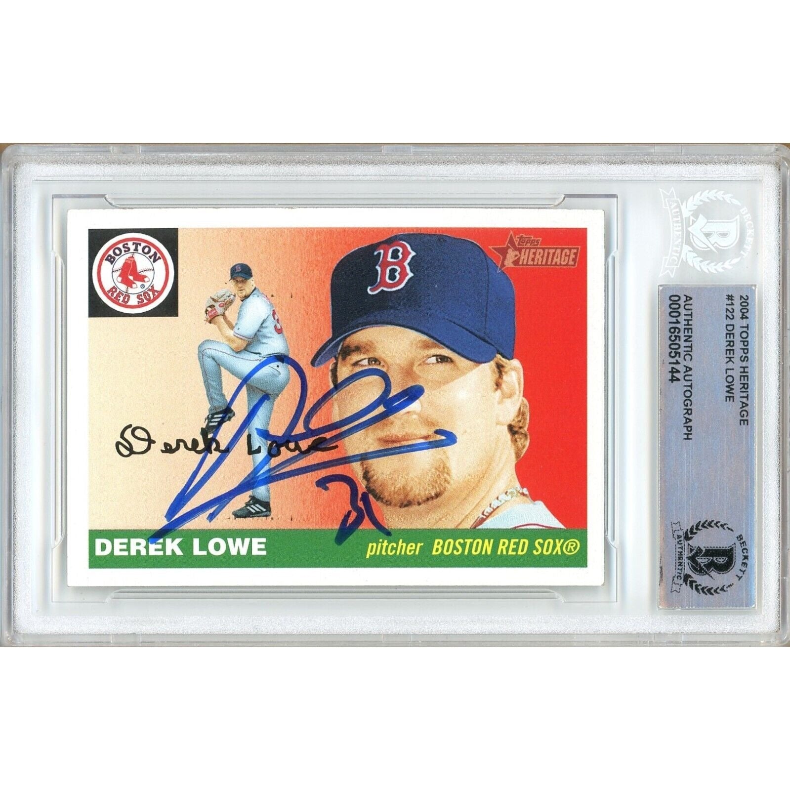 Baseballs- Autographed- Derek Lowe Boston Red Sox Signed 2004 Topps Heritage Baseball Card Beckett Authentic Auto Slab Front