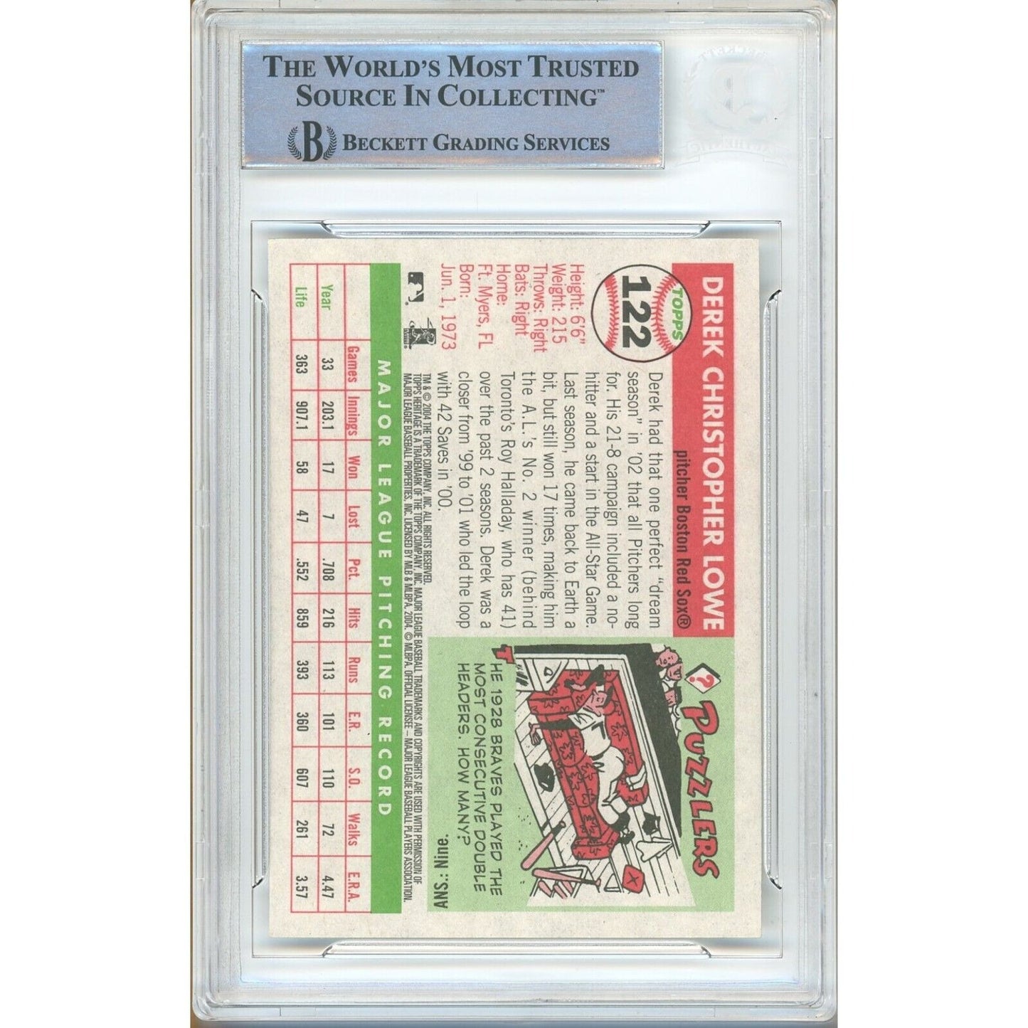 Baseballs- Autographed- Derek Lowe Boston Red Sox Signed 2004 Topps Heritage Baseball Card Beckett Authenticated Auto Slab Back