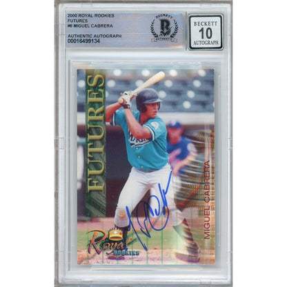 Baseballs- Autographed- Miguel Cabrera Miami Marlins Signed 2000 Royal Rookies Futures Baseball Card Beckett Authentic BGS Auto-10 Graded Slab Front