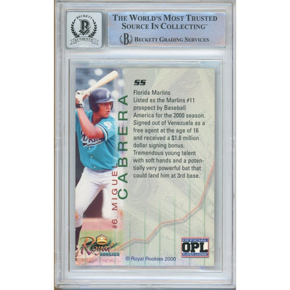 Baseballs- Autographed- Miguel Cabrera Miami Marlins Signed 2000 Royal Rookies Futures Baseball Card Beckett Authentic BGS Auto-10 Graded Slab Back