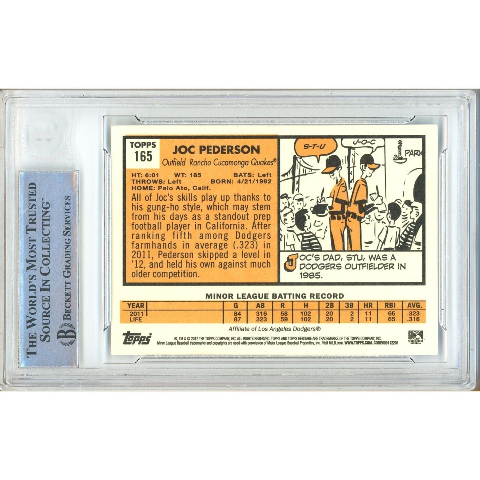 Baseballs- Autographed- Joc Pederson Los Angeles Dodgers Signed 2012 Topps Heritage Minors Rookie Baseball Card Beckett Authentic Auto Slab Back