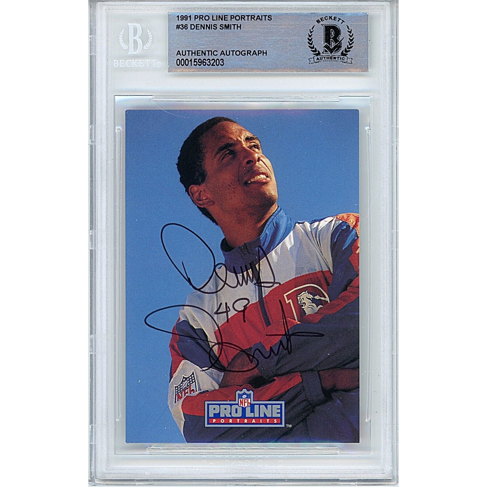 1991 #13 Dennis Smith Denver Broncos Autographed Trading Card – Beckett BAS