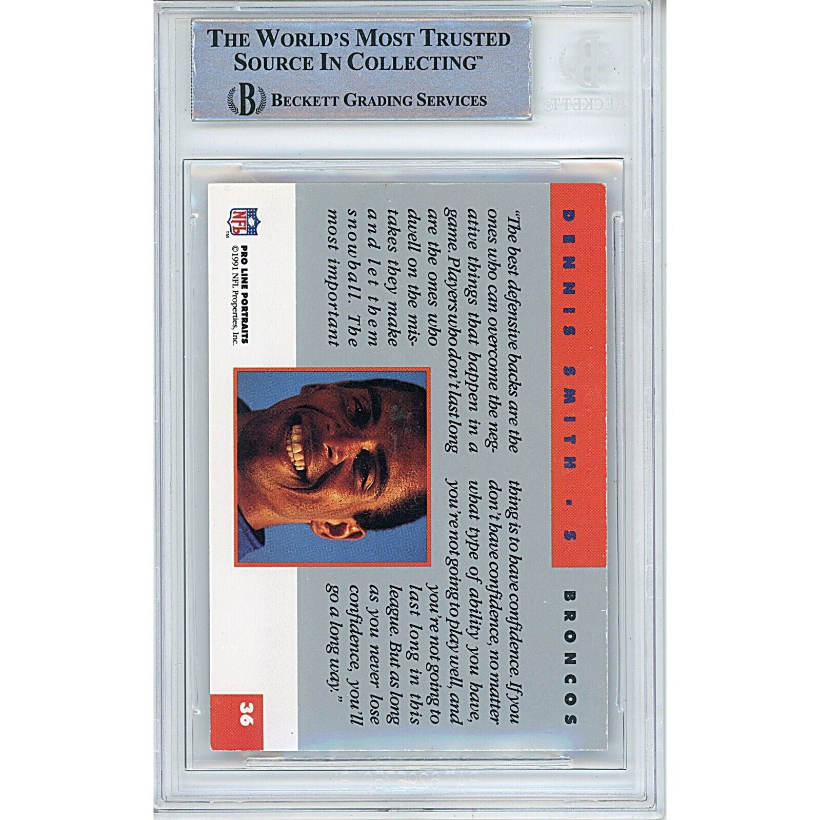 Dennis Smith Denver Broncos auto trading card – authentication sticker – Beckett COA