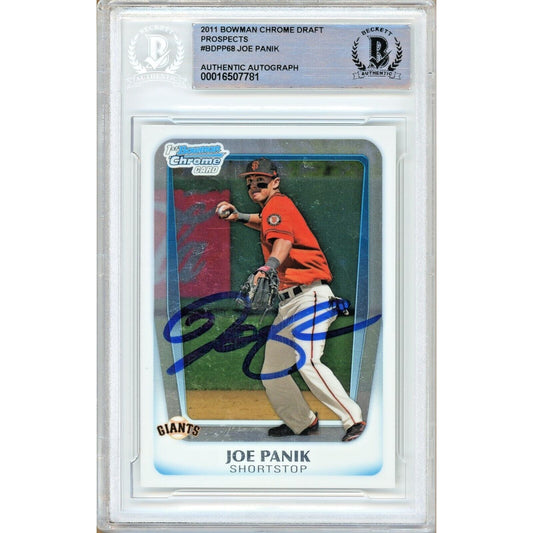 Baseballs- Autographed- Joe Panik San Francisco Giants Signed 2011 Bowman Chrome Draft Prospects Rookie Baseball Card Beckett Authentic Auto Slab Front