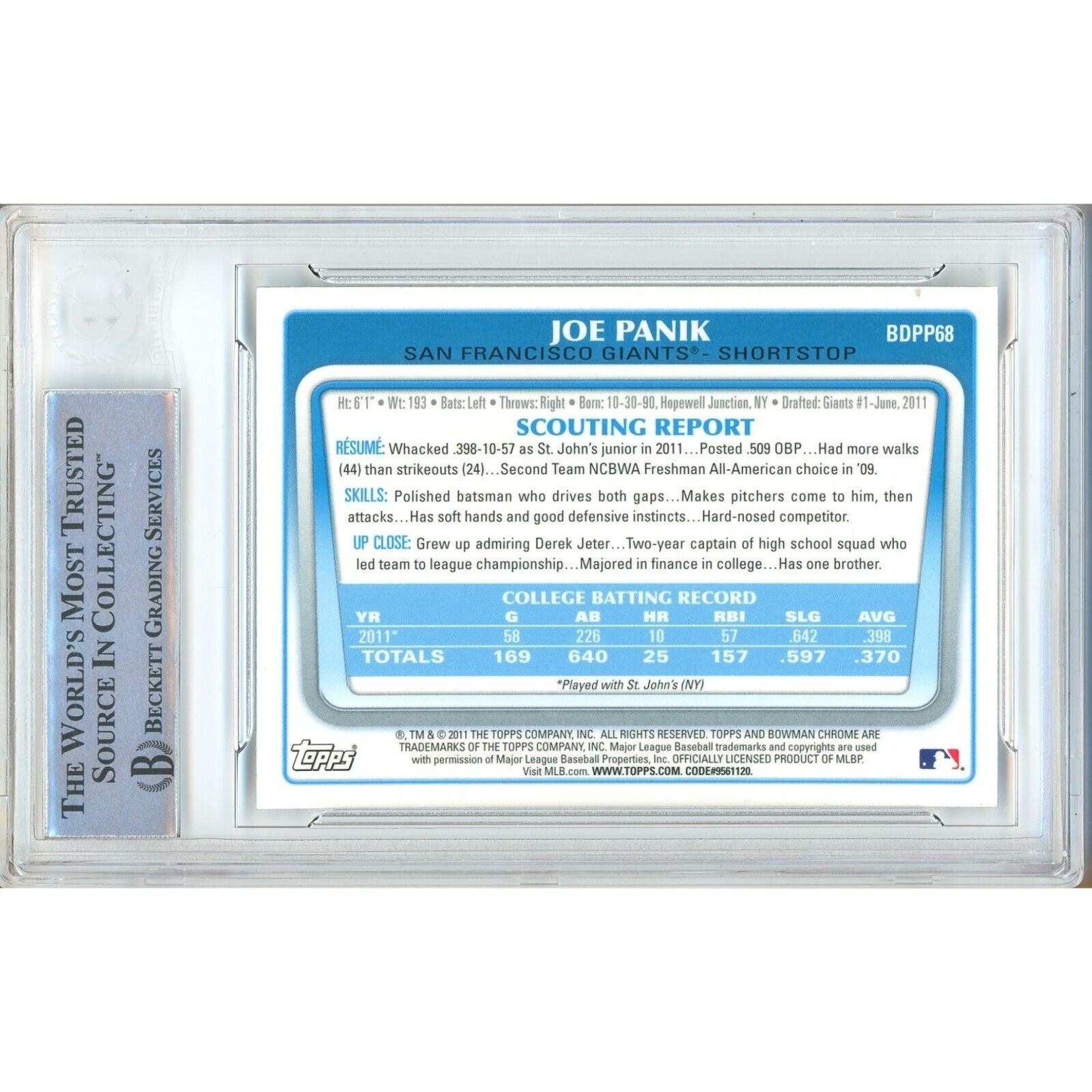 Baseballs- Autographed- Joe Panik San Francisco Giants Signed 2011 Bowman Chrome Draft Prospects Rookie Baseball Card Beckett Authentic Auto Slab Back