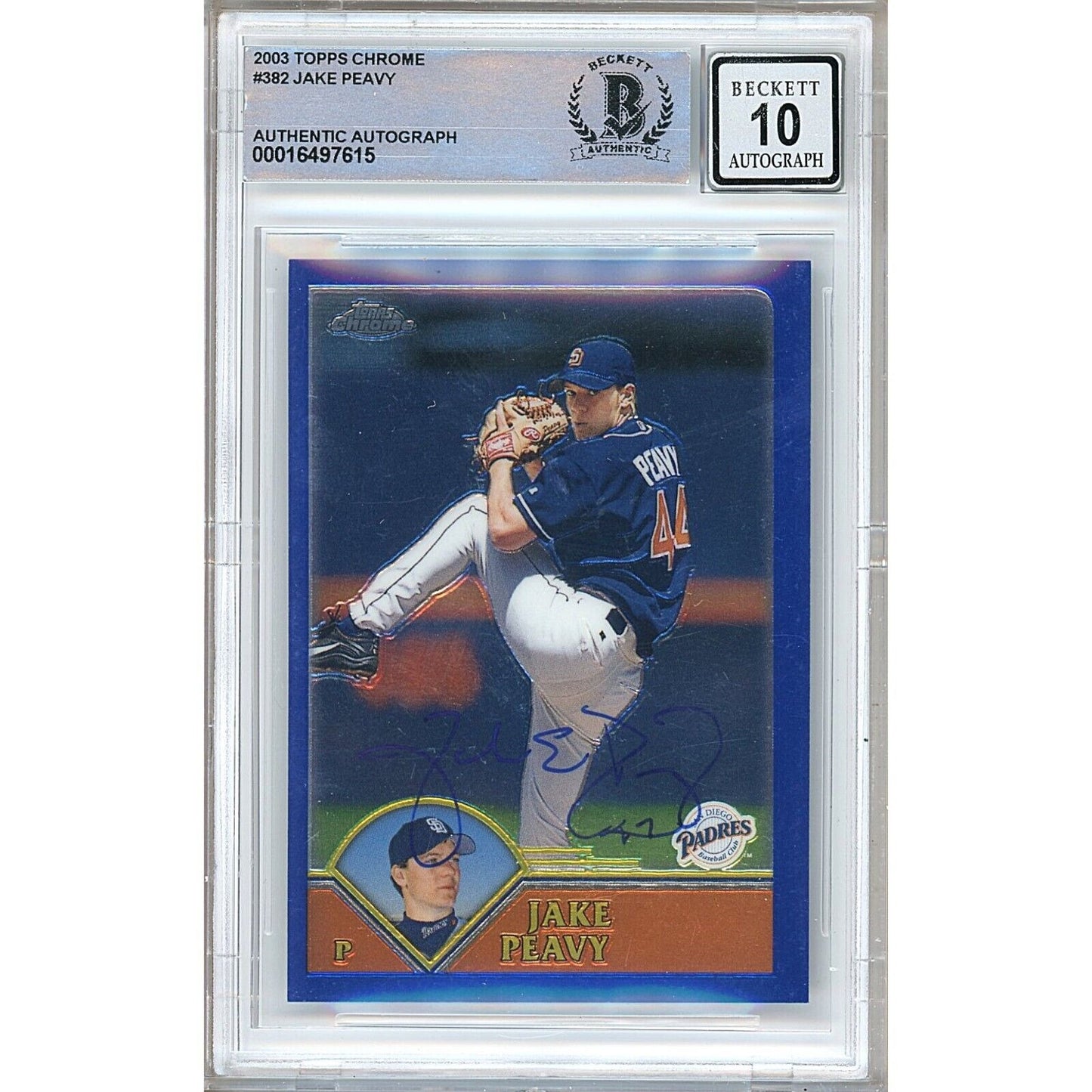 Baseballs- Autographed- Jake Peavy San Diego Padres Signed 2003 Topps Chrome Baseball Card Beckett Authentic BGS Auto-10 Graded Slab Front