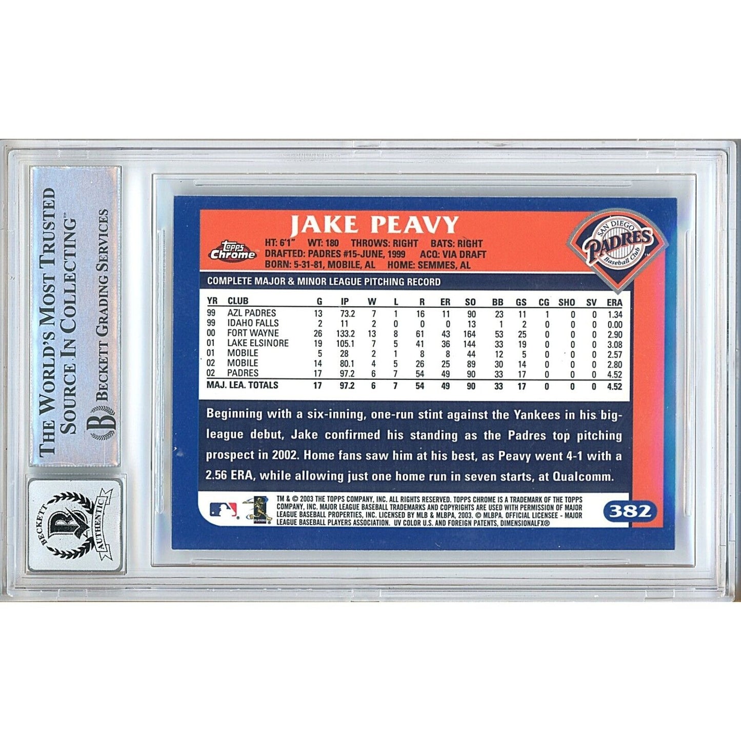 Baseballs- Autographed- Jake Peavy San Diego Padres Signed 2003 Topps Chrome Baseball Card Beckett Authentic BGS Auto-10 Graded Slab Back