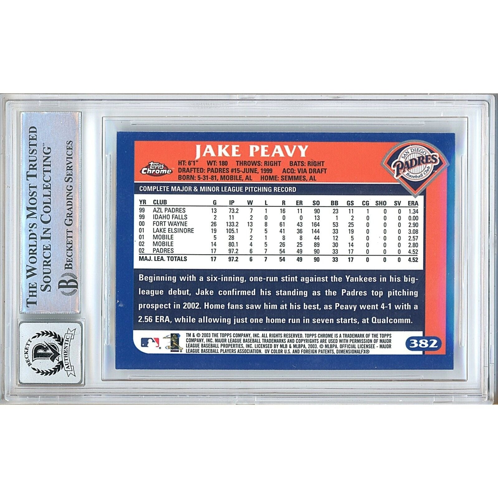 Baseballs- Autographed- Jake Peavy San Diego Padres Signed 2003 Topps Chrome Baseball Card Beckett Authentic BGS Auto-10 Graded Slab Back