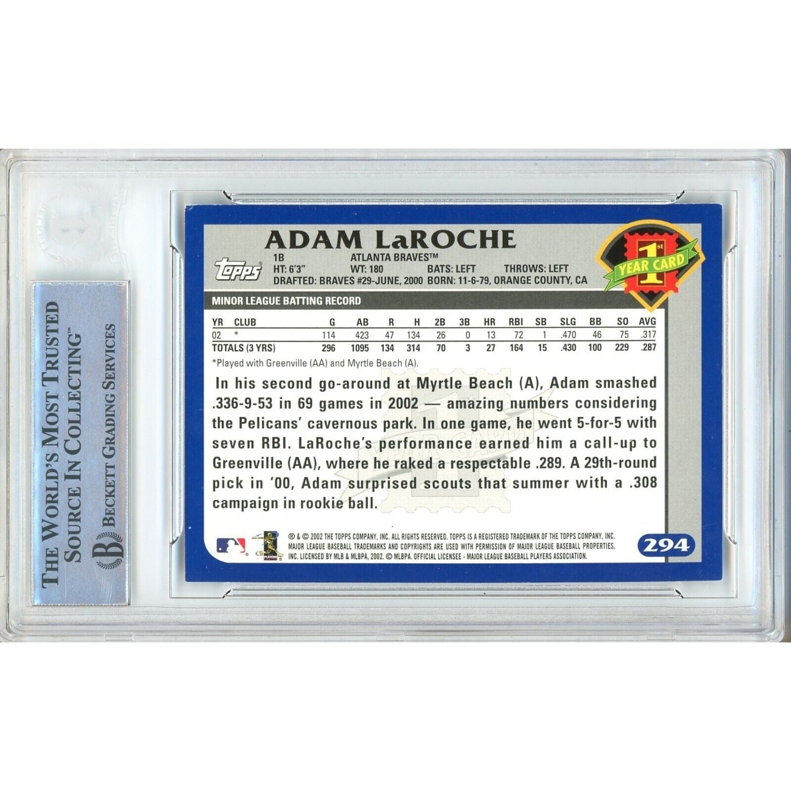 2003 Topps #294 Adam Laroche Atlanta Braves Signed Trading Card – Beckett BAS