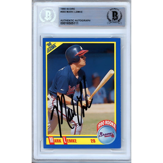 Baseballs- Autographed- Mark Lemke Atlanta Braves Signed 1990 Score Rookie Baseball Card Beckett Authentic Auto Slab Front