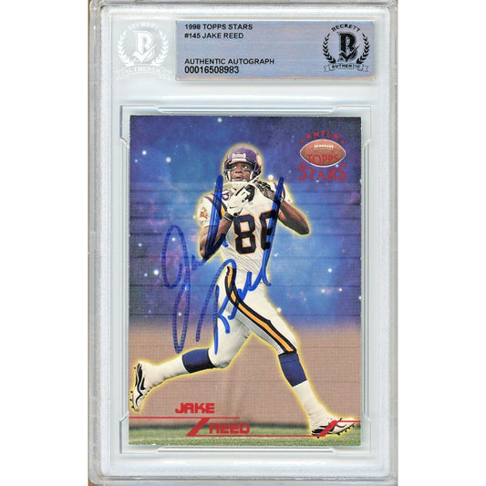 Footballs- Autographed- Jake Reed Minnesota Vikings Signed 1998 Topps Stars Football Card Beckett Authentic Auto Slab Front