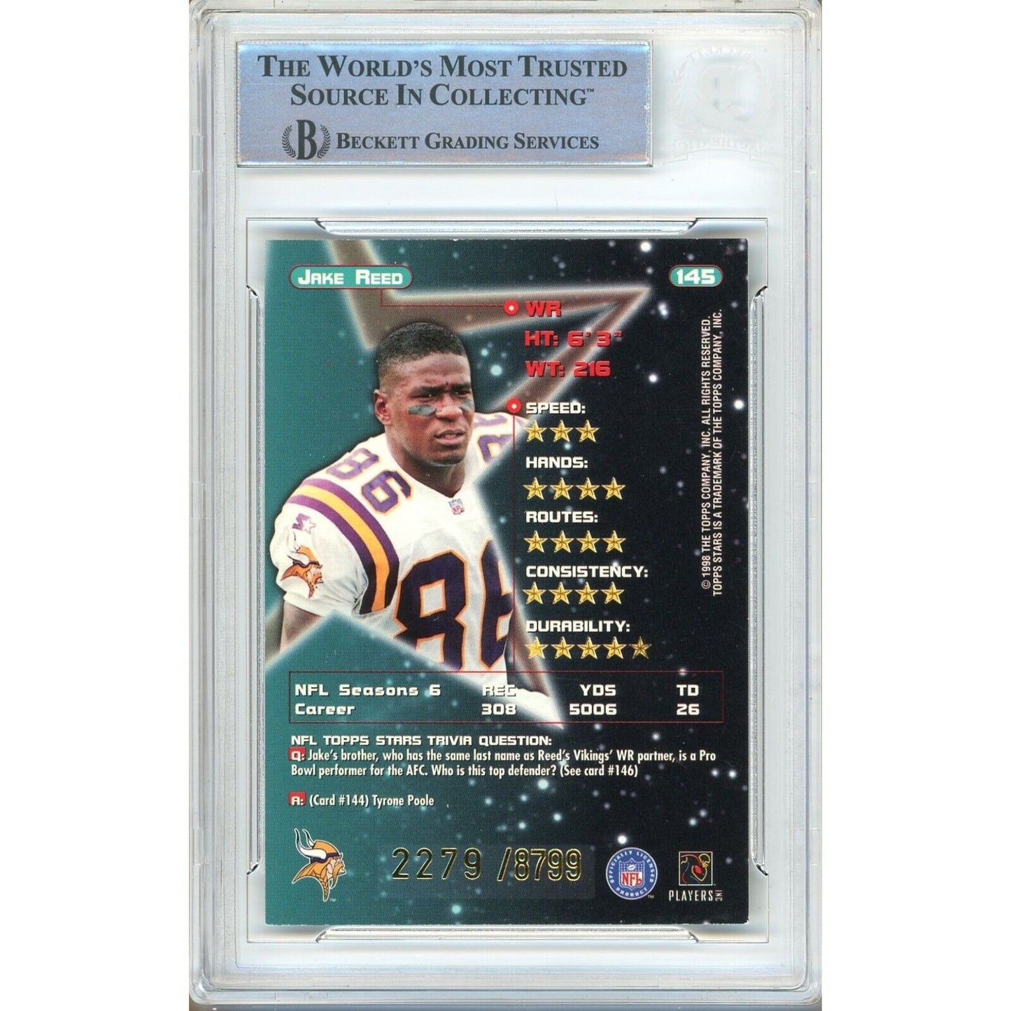 Footballs- Autographed- Jake Reed Minnesota Vikings Signed 1998 Topps Stars Football Card Beckett Authentic Auto Slab Back