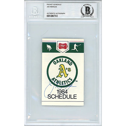 Baseballs- Autographed- Joe Morgan Oakland Athletics Signed 1984 Oakland A's Pocket Season Schedule Beckett Authentic Auto Slab Front