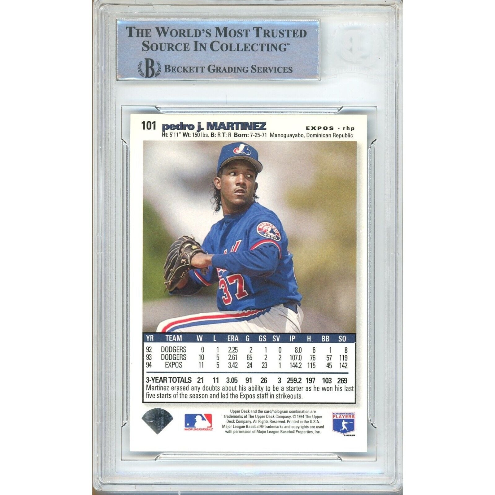 Pedro Martinez Montreal Expos Signed Trading Card Beckett BAS