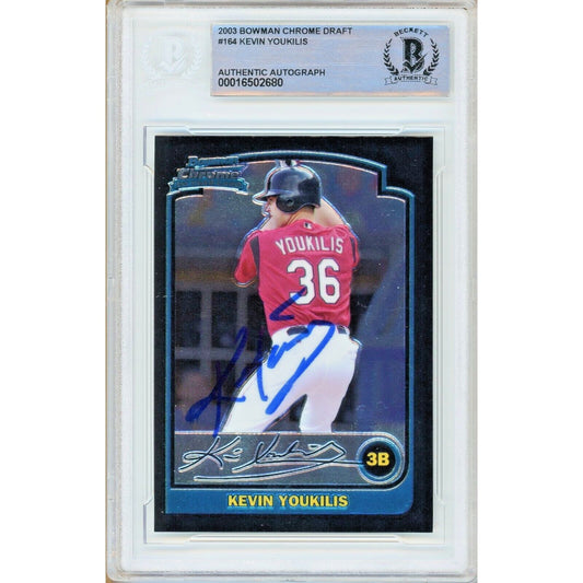 Baseballs- Autographed- Kevin Youkilis Boston Red Sox Signed 2003 Bowman Chrome Draft Rookie Baseball Card Beckett Authentic Auto Slab Front