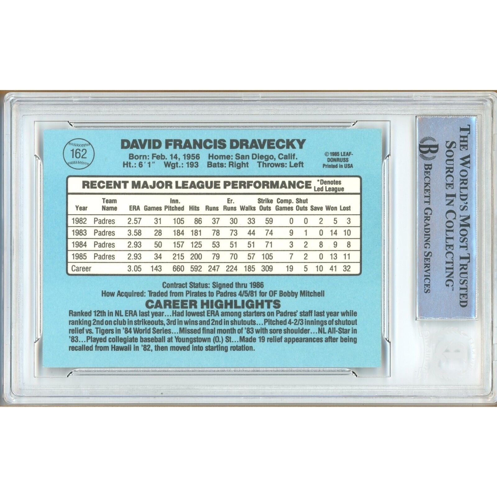 1986 Donruss #162 Dave Dravecky San Diego Padres Signed Trading Card – Beckett BAS