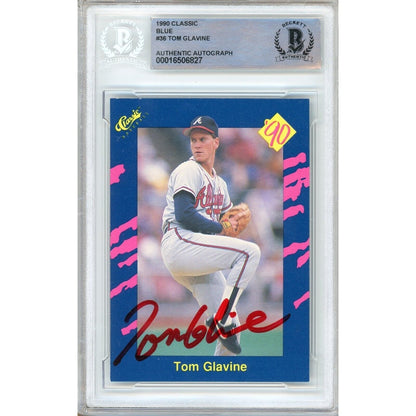 Baseballs- Autographed- Tom Glavine Atlanta Braves Signed 1991 Classic Blue Trading Card Beckett Authentic Auto Slab Front