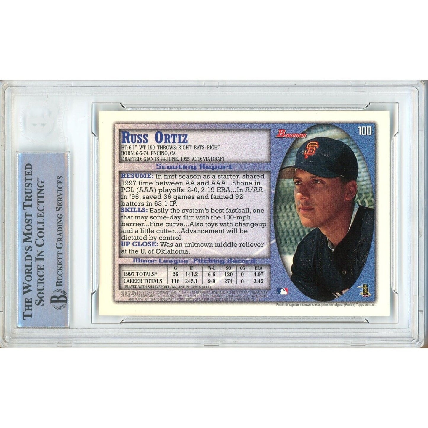 Baseballs- Autographed- Russ Ortiz San Francisco Giants Signed 1998 Bowman Trading Card Beckett Authentic Auto Slab Back