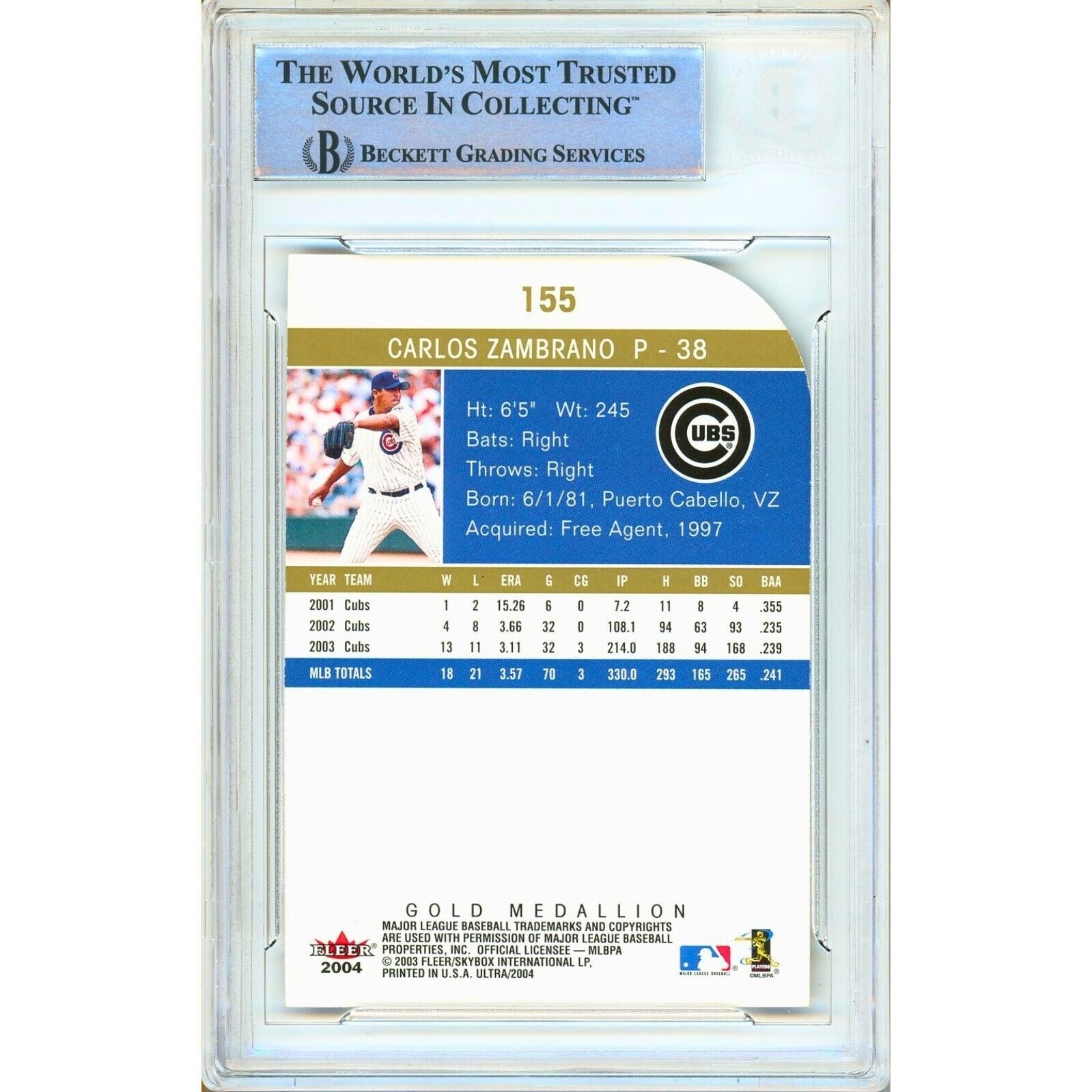 Baseballs- Autographed- Carlos Zambrano Chicago Cubs Signed 2004 Fleer Ultra Gold Medallion Baseball Card Beckett Authentic Auto Slab Back