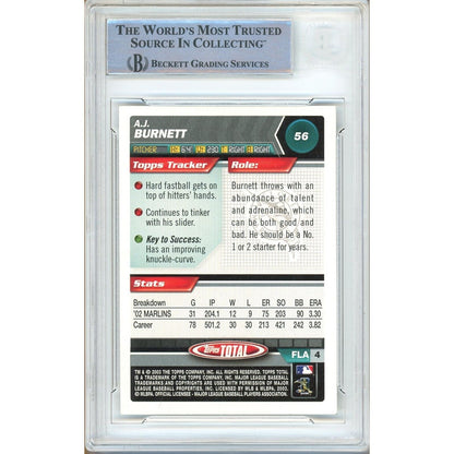 Baseballs- Autographed- AJ Burnett Miami Marlins Signed 2003 Topps Total Baseball Card Beckett Authentic Auto Slab Back