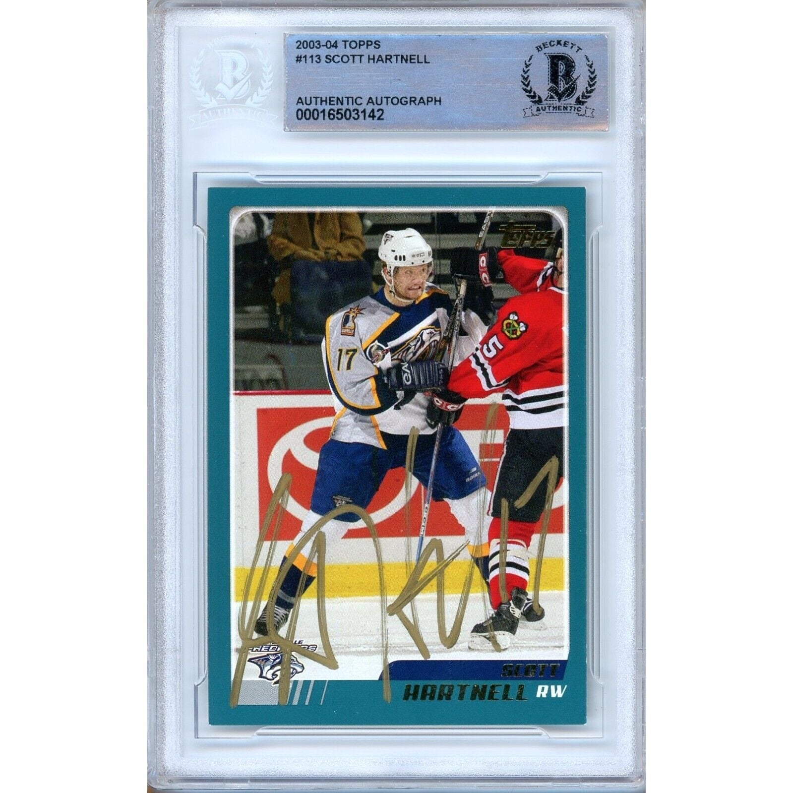 Scott Hartnell Nashville Predators autographed trading card – full view – Beckett COA