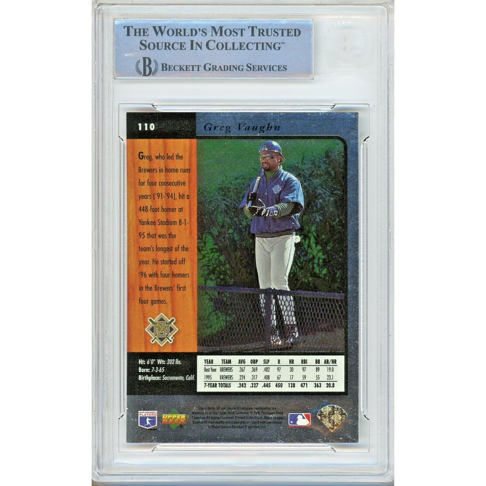 Greg Vaughn Milwaukee Brewers signed trading card – signature close-up – Beckett COA