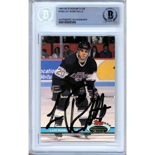 Hockey- Autographed- Luc Robitaille Los Angeles Kings Signed 1991-92 Topps Stadium Club Hockey Card Beckett Authentic Auto Slab Front